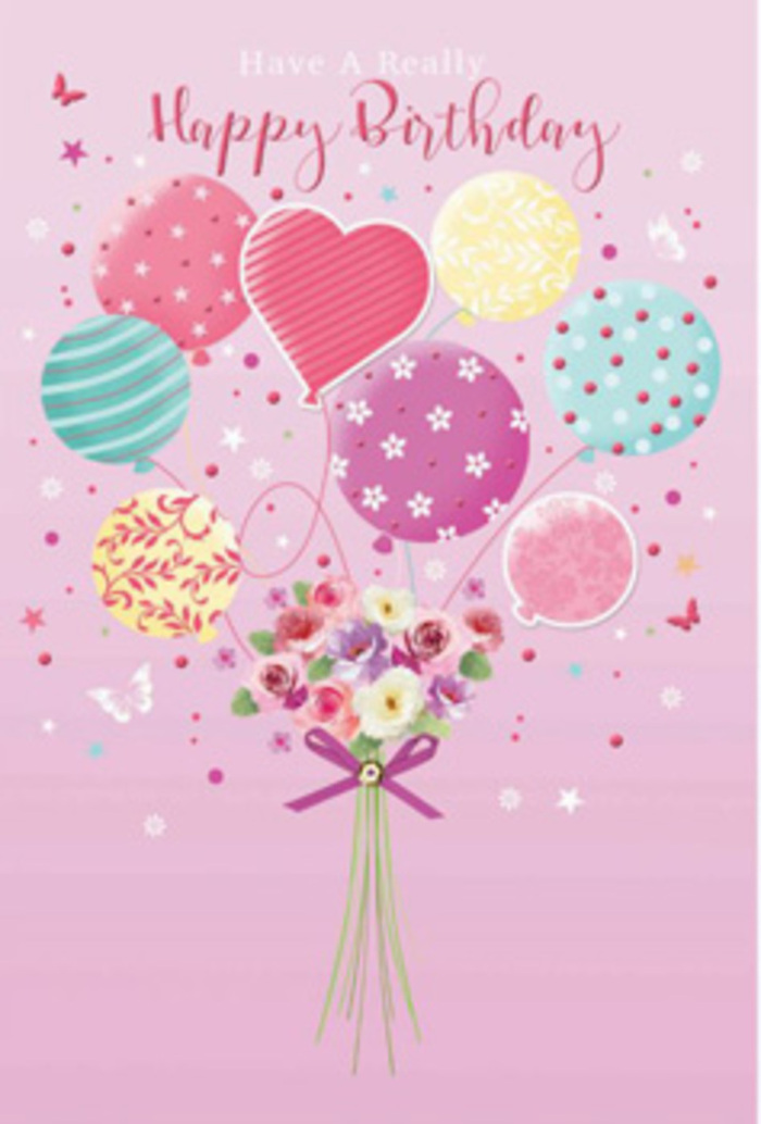 Softly romantic birthday card illustration featuring a cluster of pastel balloons lifting a delicate bouquet, evoking the gentle, neighbourly feel of Hither Green. The scene is set on a smooth pink background, like the warm blush of evening clouds drifting above Hither Green Lane. A scatter of balloons fills the upper portion of the design, each unique in pattern and tone: some glow in pale sunshine yellow, others in rosy fuchsia, lavender, and seafoam green, with swirls, stripes, and polka dots that appear almost hand-painted. A single heart-shaped balloon rests near the centre, its rounded form and muted pink hue adding a quiet message of love and appreciation. From the base, a small hand-tied bouquet rises, as if it is the anchor holding all that joy together. The flowers resemble petite garden roses and soft daisy-like blooms, their petals richly layered and shaded from cream to rose and mauve, much like the varied stems you might see laid out on a flower cart near Hither Green Station. The stems are neatly gathered and finished with a shimmering purple ribbon bow that glints subtly, suggesting the careful touch of an expert florist. Around the balloons, tiny stars and butterflies appear to float, bringing to mind the lightness of a spring afternoon in nearby Mountsfield Park. The whole artwork carries an air of gentle jubilation-light, airy, and thoughtfully composed-perfect for a birthday where the sender wants the recipient to feel both celebrated and deeply cherished, as if this moment has been designed just for them.