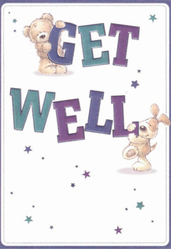 With warmth reminiscent of Hither Green's verdant lanes, this delightful get well card captures an uplifting moment between two faithful friends-a cuddly bear with chocolate-coloured fur and a cheerful puppy with floppy, cream-tinted ears-each animatedly sharing wishes for a speedy recovery. Their playful demeanour is surrounded by soft, scattered starbursts in shades of royal purple and lake blue, reminiscent of summer skies above Manor Park Gardens. The cheerful, oversized lettering spells out 'Get Well' in bold teals and violets, the lively palette imparting both visual impact and a soothing reassurance. Set against a spotless ivory background, every rounded contour and delicate brushstroke feels intentional, much as a local florist carefully curates blooms to restore hope and comfort. The illustrated fur is so richly textured one can nearly imagine the warmth of a gentle embrace, offering solace similar to receiving a bouquet after a difficult day. The scene, so seamlessly woven together, reflects the communal kindness of Hither Green-each detail designed to offer a blend of comfort, encouragement, and that subtle spark of magic which helps loved ones heal. Just as a thoughtfully crafted arrangement delivered from Southbrook Road can brighten a recovery, this card radiates heartfelt care.