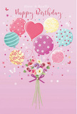 Charming illustrated birthday card scene where pastel balloons and a petite bouquet come together in a dreamy, uplifting design inspired by the easy calm of Hither Green. The backdrop is a soft, warm pink, smooth and even, like the sky just before dusk above Manor House Gardens. Rising through the centre is a loose gathering of balloons in gentle tones of blush, mint, lemon, lavender, and powder blue. Each balloon is decorated differently-some with candy-like stripes, others with playful polka dots, and a standout heart-shaped balloon radiating tender affection in the middle. Their surfaces gleam as though lit by a soft indoor light, and thin curling ribbons trail down gracefully. At the base, the balloons appear to spring from a hand-tied bouquet of roses and anemone-style flowers, imagined as freshly picked from a local Hither Green florist. The blossoms are rendered in creamy ivory, blush pink, and muted mauve, with petals that look feathery and soft to the touch. Their green stems are neatly bound by a violet satin bow, the fabric catching the light with a slight shimmer. Tiny star shapes and delicate butterflies flutter around the arrangement like confetti in a gentle breeze along Hither Green Lane, adding a subtle fairy-tale touch. The composition feels airy and celebratory, capturing the essence of a birthday that is sweet, lighthearted, and unforgettable-a visual expression of the way carefully chosen flowers and thoughtful design can turn a simple card into a treasured part of someone's special day.